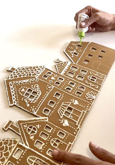 25 Best cardboard Christmas decorations & crafts ideas such as easy DIY Xmas trees, ornaments, wreaths, fireplace, gingerbread houses, winter village, snowman, etc! - A Piece of Rainbow, holiday crafts for kids, advent calendar, garland, handmade, gifts, gift tags, modern, farmhouse, boho, Scandinavian, vintage, budget decor, dollar store, Anthropologie style, wall decor Christmas House Cutouts, Gingerbread Christmas Mantle, Cardboard Gingerbread House Ornaments, Gingerbread Cardboard Garland, Christmas Ornament Handmade, Cardboard Gingerbread House Village, Gingerbread House Outline Printable, Cardboard Gingerbread Village Diy, Gingerbread Christmas Tree Diy