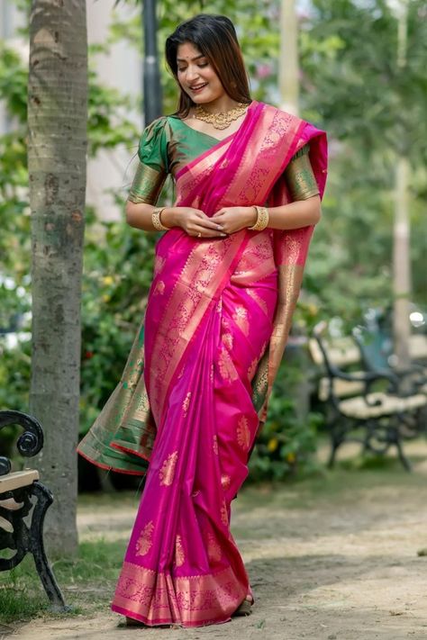 Rani Pink Banarasi Silk Zari Woven Saree Silk Saree Designs, Lehenga Style Saree, Salwar Pants, Rani Pink, Cotton Salwar Kameez, Saree Blouse Design, Crepe Saree, Indian Salwar Kameez, Patiala Salwar