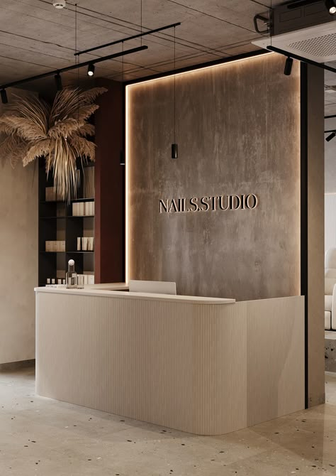 NAILS.STUDIO Nail Salon Backdrop, Beauty Salon Inspiration, Luxury Salon Reception Area, Small Wellness Spa, Dermatologist Clinic Interior Design, Make Up Studio Ideas Salons Beauty Room, Aesthetic Reception Area, Luxurious Nail Salon, Industrial Salon Design Interiors