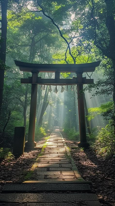 Mystical Forest Gateway: An ethereal torii gate stands at the entrance of a sunlit pathway through a serene forest. #forest #torii #gateway #sunbeams #trees #aiart #aiphoto #stockcake ⬇️ Download and 📝 Prompt 👉 https://ayr.app/l/7Ee3 Landscape Forest Photography, Drawing Reference Photos Nature, Edo Japan Aesthetic, Japanese Forest Art, Torii Gate Wallpapers, Japanese Gates Entrance, Mystical Environment, Japanese Garden Aesthetic, Torri Gate