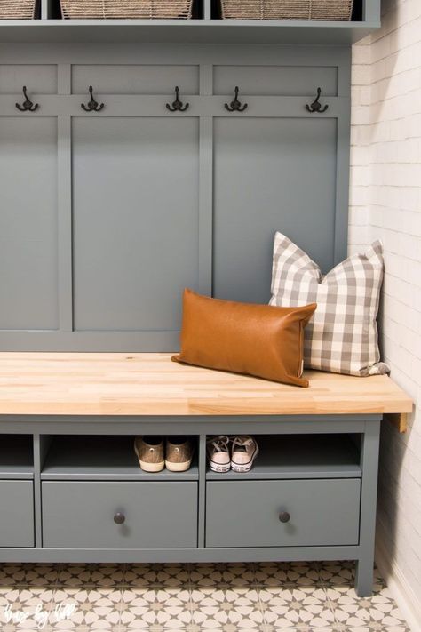 Awesome 20+ Easy DIY Mudroom Bench Ideas For Inspiration Ikea Hemnes Mudroom Hack, Entry Way Benches With Storage, How To Make A Shoe Storage Bench, Butcher Block Mudroom Bench, Diy Boot Room, Mudroom Bench And Storage, Ikea Bootroom Hack, Hemnes Tv Stand Hack, Diy Hallway Storage