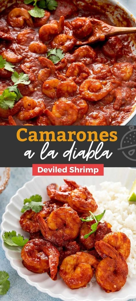 Camarones a la Diabla, Diablo Shrimp or Deviled Shrimp are some of the names given to this spicy and flavorful Mexican shrimp recipe. This fiery Mexican dish features succulent shrimp simmered in a spicy and delicious tomato-chile sauce. #seafood #dinner #lemonblossoms #spicy #camarones # Chicken A La Diabla, Shrimp Camarones Recipe, Deviled Shrimp Mexican, Diablo Shrimp Tacos, Shrimp Diabla Mexican, Shrimp Ala Diabla, Latin Shrimp Recipes, Mexican Garlic Shrimp, Chilean Shrimp Recipes