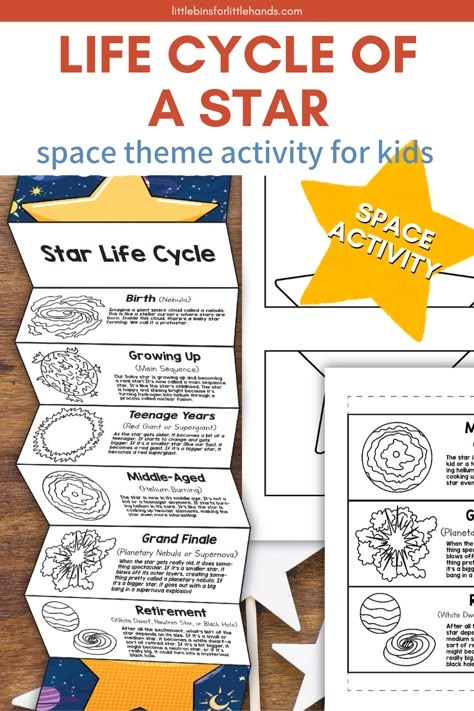 This space themed learning activity is perfect for the star and space obsessed kids! Learn about the stages of a star and how it forms, grows, and dies with this fun printable star life cycle project. Perfect for a space theme unit, whether at home or in the classroom. This printable space activity makes learning easy! Outer Space Activities Middle School, Space Projects Middle School, Space Elementary Activities, Space Themed Stem Activities, Space Activities For Elementary Students, Outer Space Stem Activities For Kids, Space Steam Activities For Kids, Space Stem Activities For Kids, Star Activities For Kids