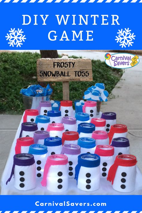 DIY winter games uses felt, buttons, mason jars, lights and ping pong balls! Great fun for all ages! Snowball Throw Game, Christmas Fayre Ideas, Snowball Toss, Winter Party Games, Carnival Activities, Carnival Games For Kids, Christmas Fair Ideas, Theme Carnaval, Snowman Party