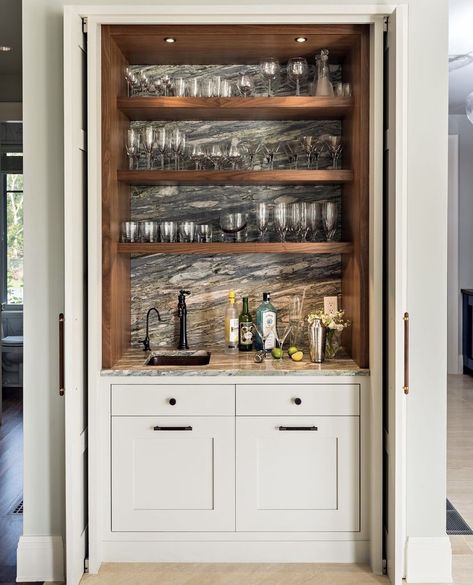 Bar Closet Ideas Built Ins, Coffee Bar Closet, Living Room With Bar Area, Bar Organization Ideas, Built In Bar Nook, Family Room Bar Ideas, Built In Bar In Living Room, Built In Bar Cabinet, Bar Closet