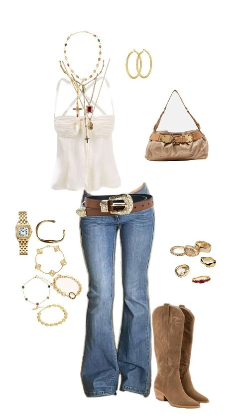 cowboy boots, vintage belt, beige top, low rise flare jeans Bootcut Jeans Outfit Country, Low Rise Jeans Outfit Winter, Cowboy Boots And Jeans Outfit, Cowboy Boot Outfits With Jeans, Low Rise Flare Jeans Outfit, Flare Jeans Outfit Winter, Flare Pants Jeans, 70s Flare Jeans, Flares Outfit