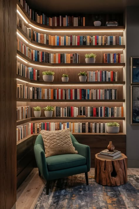 Craft a statement wall with LED-lit wooden shelves. Arrange your books with small planters and natural decor for a unique blend of warmth, functionality, and artistic design. #CozyBookshelf #HomeLibraryGoals #LEDDecor #WoodenShelves #InteriorStyling #BookLoversDecor #ModernRustic #GreeneryAndBooks #WarmLighting #FunctionalArt Book Case Stairs, Home Library Floating Shelves, Lit Up Bookshelves, Wall To Ceiling Bookshelves, Library With Ladder Book Wall, Bookshelf Decoration Ideas, Bookshelves Built In, In Wall Bookshelves, Unique Shelves Creative Bookshelves