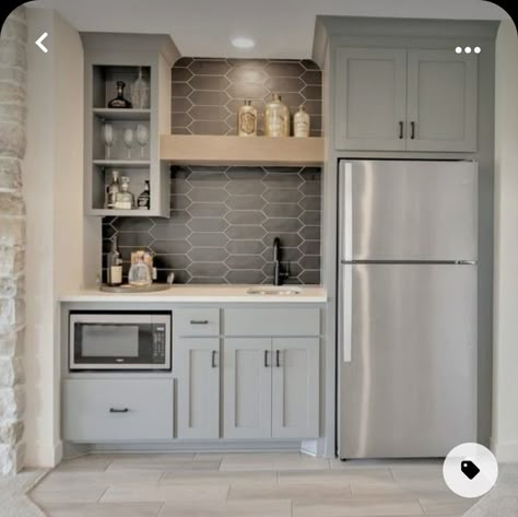 Y’all Kitchen Cabinets, Family Room Kitchenette, Basement Fridge Area, Dry Bar With Full Fridge, Cute Kitchenette Ideas, Kitchenette With Microwave, Basement Kitchenette With Stove, Small Kitchen In Basement, Diy Basement Kitchen