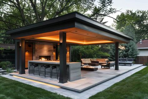 Toronto Landscape, Fireplace Lounge, Covered Patio Ideas, Recess Lighting, Modern Gazebo, Covered Patio Design, Modern Patio Design, Dream Patio, Rustic Patio