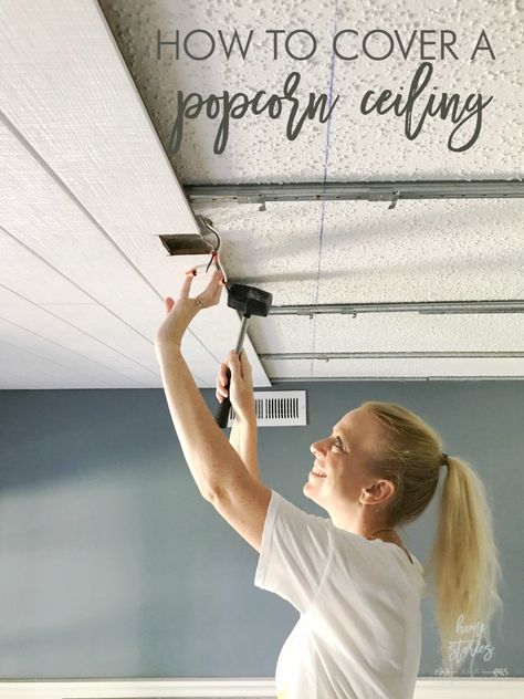 How to Cover a Popcorn Ceiling Using Beautiful Armstrong WoodHaven Planks Cover A Popcorn Ceiling, Covering Popcorn Ceiling, Plank Ceiling, Popcorn Ceiling, Casa Country, Basement Ceiling, Diy Ceiling, Remodeling Mobile Homes, Diy Home Repair