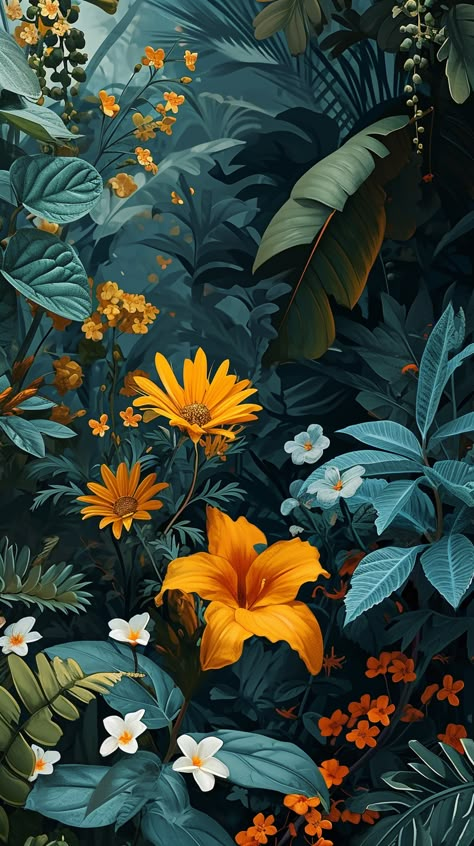 Dive into a lush tropical paradise with this vibrant floral wallpaper. Ideal for iPhone and Android users who want to carry the essence of a vibrant, blooming jungle with them. 🌴🌼 Jungle Illustration Background, Jungle Wallpaper Iphone, Flowers Aesthetic Green, Plant Mural, Jungle Aesthetic, Vibrant Wallpaper, Paradise Wallpaper, Jungle Mural, Jungle Flowers