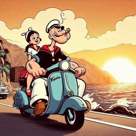 Popeye Cartoon, Vintage Road Trip, Popeye And Olive, Vw Art, Vintage Vespa, Cool Car Drawings, Print Design Art, Vespa Vintage, Cute Backgrounds For Phones