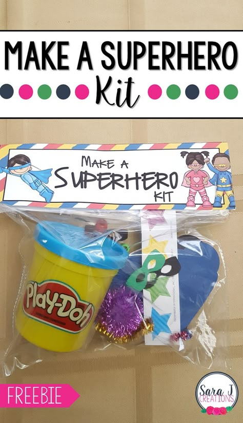 Make a Superhero kit includes a FREE printable bag topper for you. Add some playdough and decorations and you are ready to make some superheroes. Makes the perfect superhero themed birthday goody bag and fine motor practice. #superhero #birthdays #crafts #diy #finemotor #sarajcreations Make A Superhero Kit, Marvel Goodie Bags, Super Hero Party Games For Kids, Superhero Goody Bag Ideas, Super Hero Party Favor, Super Hero 4th Birthday Party Ideas, Birthday Goodie Bags For School, Spiderman Goodie Bags, Crafts For Birthday Parties