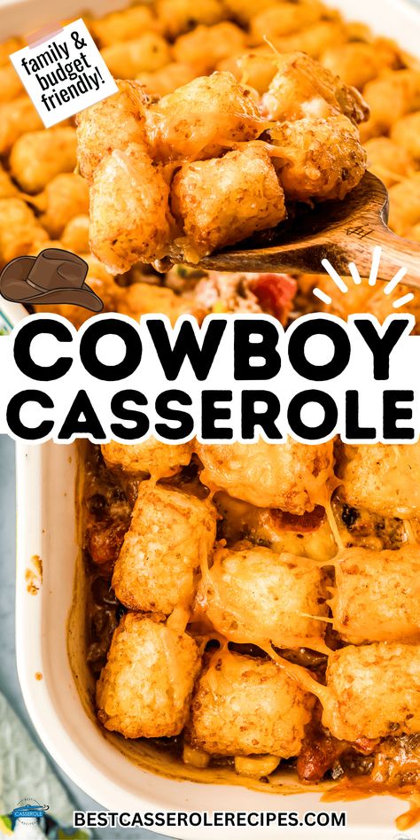 Dig into this Tater Tot Cowboy Casserole. Filled with hearty ground beef, lots of veggies, and topped with crispy tater tots, Cowboy Casserole is one the whole family will love. Even the kids!Perfect for family meals and hungry tummies. 🤠🥔🍽️ #TaterTotMagic #CowboyCasserole #KidApproved #DelishDish Cheesy Tater Tot Casserole With Ground Beef, Hamburger Tater Tot Casserole Recipes, Tatertot Casserole Recipe Beef, Ground Beef Tater Tot Casserole, Tater Tot Casserole With Ground Beef, Cowboy Tater Tot Casserole, Hamburger Tater Tot Casserole, Tater Tot Hot Dish, Beef Tater Tot Casserole