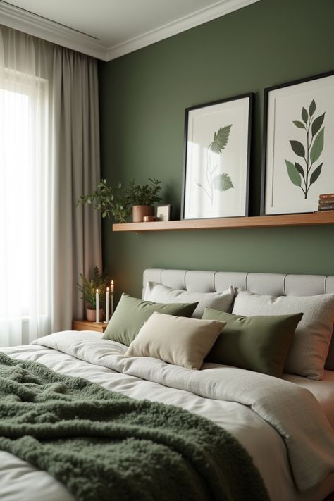 Green Bedroom Ideas For Small Rooms, Sage Inspired Bedroom, Bedroom Green Sage, Cozy Bedroom Ideas Sage Green, Small Room Green Walls, Sage Modern Bedroom, Green Colour Scheme Bedroom, Bedroom Master Feature Walls, Bedroom With Green Decor