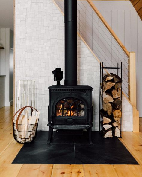 Wood Stove Renovation, Black Wood Burning Stove, Wood Stove Area Ideas, Shiplap Wood Stove, Freestanding Fireplace Hearth, Tv Over Wood Burning Stove, Wood Stove Vaulted Ceiling, Wood Stove Nook, Wood Stove Decorating Ideas