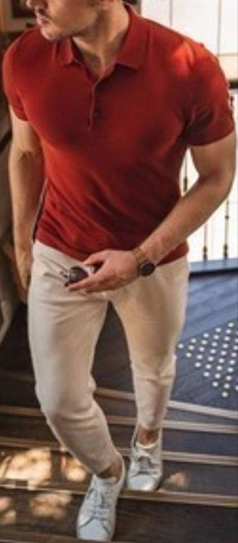 Men’s Red Shirt Outfit, Red Polo Shirt Outfit Men, Red And Beige Outfit, Red Shirt Outfit Men, Red Polo Shirt Outfit, Field Clothes, Men Christmas Outfit, Red Color Outfits, Red Shirt Outfits