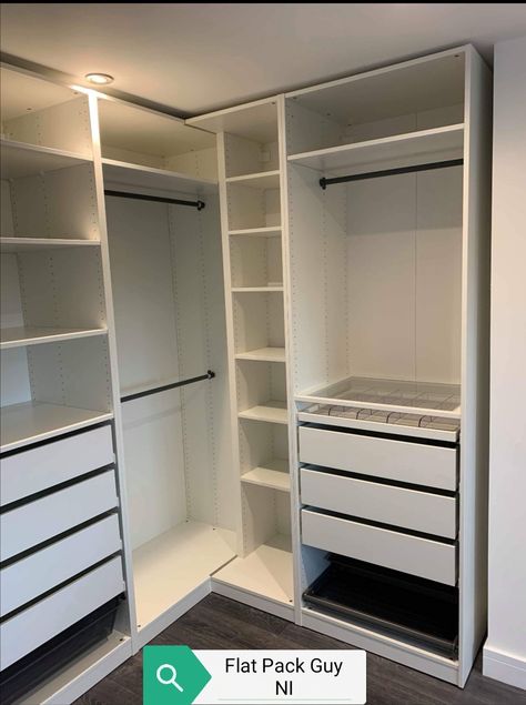 Narrow Closet Design, Pax Corner Wardrobe, Corner Wardrobe Closet, Ikea Pax Closet, Creative Closets, Ikea Wardrobe, Dressing Room Closet, Ikea Pax Wardrobe, Walking Closet