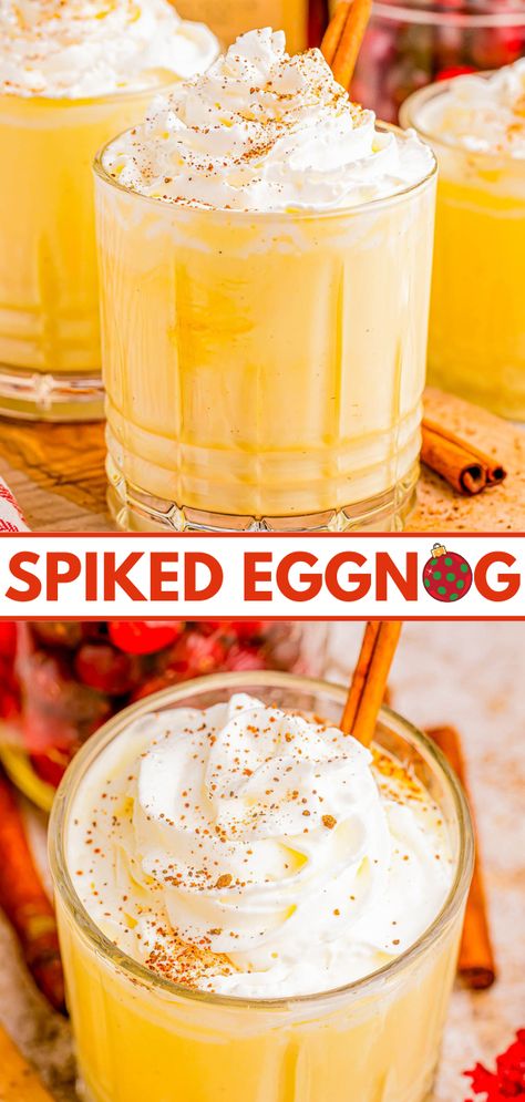 Spiked Eggnog with Amaretto and Spiced Rum - Wondering what to do with your eggnog? Making this EASY three-ingredient spiked eggnog cocktail recipe is the PERFECT idea! Smooth, rich and creamy with warm hints of cinnamon, cloves, and vanilla from the spiced rum and almond from the amaretto. Spiked eggnog will be a hit at your Christmas parties and New Years Eve party! Instructions on how to make a large batch or pitcher are provided. Eggnog Cocktail Recipe, Eggnog Recipe Spiked, Homemade Margarita Recipe, Homemade Baileys Irish Cream, Eggnog Cocktail, Eggnog Drinks, Homemade Baileys, Fruity Alcohol Drinks, Homemade Margaritas