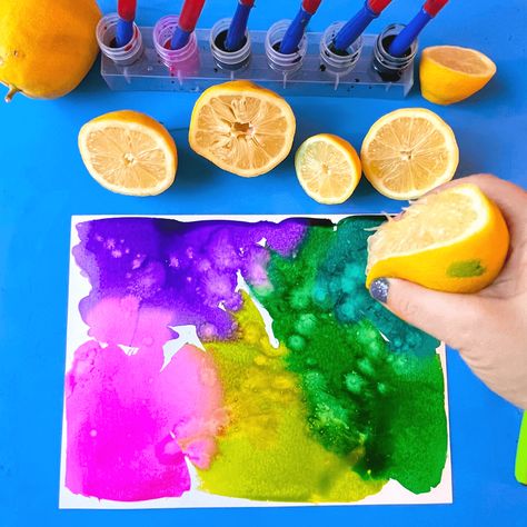 Science Art Projects, Lemon Watercolor, Science Experiments For Preschoolers, Sensory Art, Rocks Painted, Toddler Art, Camping Art, Painted Stones, Preschool Art