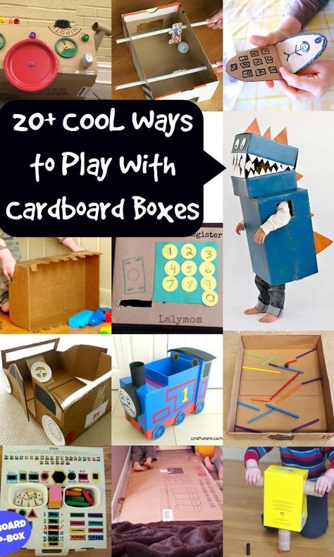 Cardboard Crafts for a Rainy Day - 20+ COOL Ways to Play with Cardboard Boxes Boxitects Activities, Cardboard Activities, Cardboard Boxes Kids, Cardboard Train, Diy Kids Games, Crafts And Activities For Kids, Box Crafts, Cardboard Box Crafts, Cardboard Toys