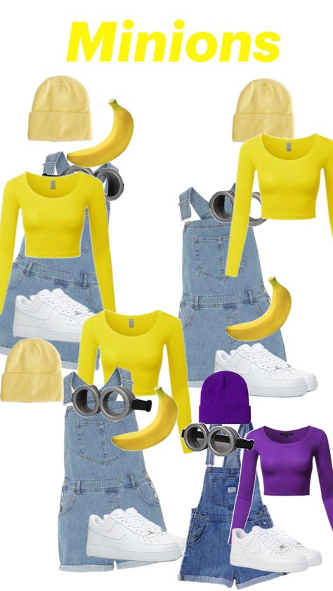 Yellow and purple minion Cute Minion Costume, Quad Halloween Costumes, Trio Halloween Outfits, Matching Trio Outfits, Things To Be For Halloween, Preppy Costumes, Minions Halloween Costume, Besties Costumes, Friend Group Costumes