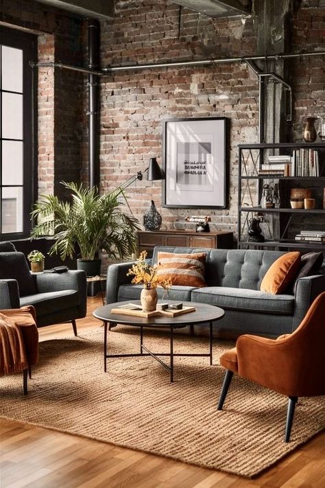 Red Brick Apartment Interior Design, Mid Century Exposed Brick, Industrial Living Room Brick Wall, Brick Wall Living Room Ideas Rustic, Edgy Living Room Ideas, Exposed Brick Walls Living Room, Living Room Exposed Brick, Urban Chic Living Room, Urban Industrial Living Room