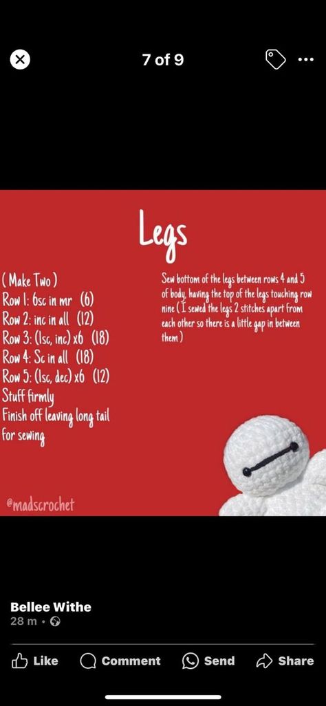 Free Crochet Patterns & Amigurumi | I found a Baymax pattern here it is | Facebook Crochet Baymax Pattern Free, Baymax Crochet Pattern Free, Baymax Crochet, Baymax Plush Pattern, Baymax Stuffed Toy, Baymax Meme Funny, Baymax, Long Tail, Crochet Cowl