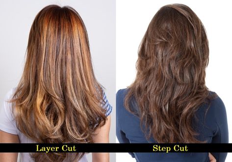 Step Cut Vs. Layer Cut: What's The Difference? – HairstyleCamp Step Plus Layer Haircut, Step Layers Haircut, V Vs U Haircut, Long Layered Hair Vs Short Layers, U Shaped Vs V Shaped Hair, Long Layer Vs Short Layers, U Shaped Layered Haircut, Step Layer Haircut For Long Hair, V Cut Vs U Cut Hair