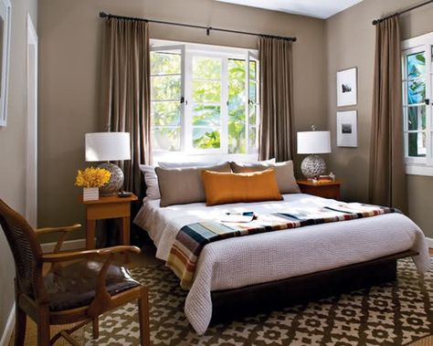 Window headboard contemporary bedroom Grey Brown Bedrooms, Bed Against Window, Taupe Rooms, Window Headboard, Window Behind Bed, Taupe Bedroom, Taupe Walls, Pin Diy, Window Treatments Bedroom