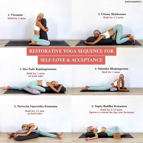 Restorative yoga sequence for self-love & acceptance Acceptance Worksheets, Restorative Yin Yoga, Buti Yoga, Restorative Yoga Sequence, Yoga Flow Sequence, Yin Yoga Sequence, Yin Yoga Poses, Yoga Information, Therapeutic Yoga