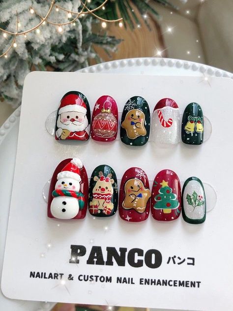 Painted Christmas Nails, Nail Noel, Christmas Nail Ideas, Kawaii Nail Art, Santa Nails, Xmas Nail Art, Fake Nails Designs, Solid Color Nails, Asian Nails