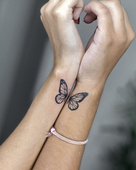 Cute Tattoos Matching Best Friends, Butterfly Tattoo For Friends, Pb And J Tattoo Best Friends, Best Friends Butterfly Tattoo, Half And Half Tattoos For Best Friends, Butterfly Tattoo Best Friend, Mom Daughter Tattoos Meaningful, Best Friend Tattoos Butterfly, Best Friend Butterfly Tattoos