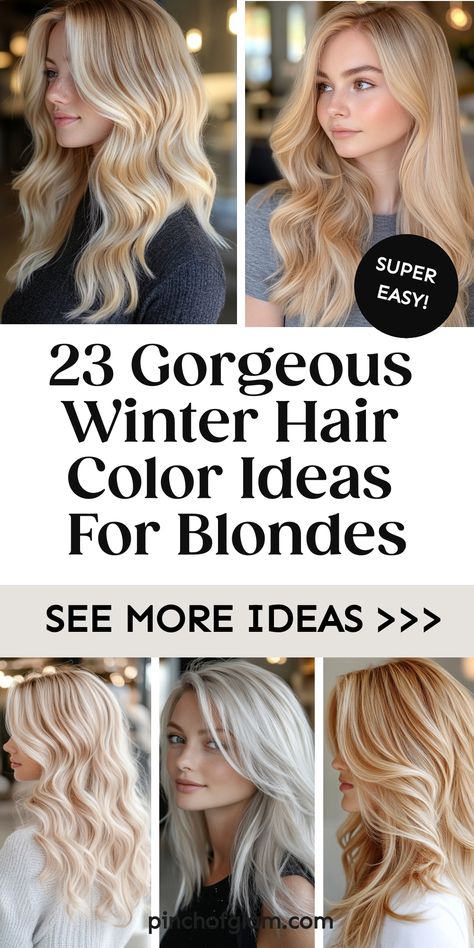 Discover the best winter hair color trends for blondes to rock this season! From icy platinum to warm honey tones, we've got your blonde locks covered. Explore fall and winter hair color ideas for long blonde tresses that will keep you stylish all season long. Whether you're looking for chic winter hair styles or simply want to spice up your look with a fresh hue, these winter hair color ideas are sure to inspire your next salon visit! Hairstyles Color Blonde, Bright Blonde Winter Hair, Blond Colors For Hair, Natural Blonde Pale Skin, Clear Blonde Hair, Full Color Hair Ideas Blonde, Fall Light Blonde Hair, Fall And Winter Blonde Hair, Highlights For Blonde Hair Fall