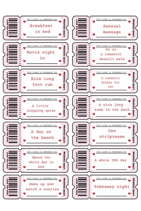 Pink Valentine’s Day printables. Do it yourself gifts. Printable love coupons for Valentine’s Day. Fun token cards you can print at home with redeemable treat ideas. Romantic and sweet gifts for Valentine’s Day. Popular right now coquette pink aesthetic. Kiss Coupons For Boyfriend, Coupon Template Aesthetic, Love Coupon Ideas For Him, Cupon Ideas Boyfriend, Coupon Diy Gift, Boyfriend Coupons Ideas For Him, Boy Day Gifts, Valentine’s Day Gifts Aesthetic, I Owe You Coupons