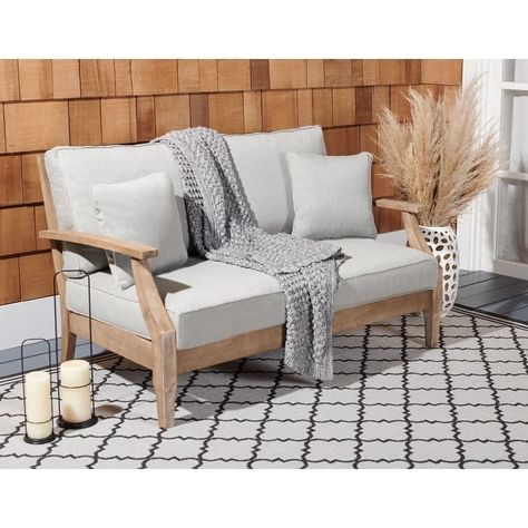 SAFAVIEH Couture Martinique Wood Patio Loveseat - 57 IN W x 36 IN D x 33 IN H - On Sale - Bed Bath & Beyond - 29905999 Tropical Villa, Patio Daybed, Patio Loveseat, Outdoor Loveseat, Wood Patio, Sunbrella Cushions, White Cushions, Teak Outdoor, Grey Cushions