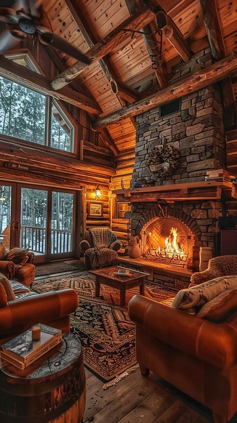 Rustic cabin living room with log walls, stone fireplace, and leather armchairs in a serene forest setting Sunken Living Room Cabin, Yellowstone Fireplace, Log Cabin House Interior, Log Cabin Stone Fireplace, Boho Cabin Living Room, Log Cabin Homes Interior Living Room, Big Log Cabin Houses, Rustic Italian Living Room, Modern Log Cabin Decor