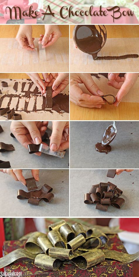 How to Make Chocolate Bows | From SugarHero.com Present Cake, Blackberry Syrup, Chocolate Work, Chocolate Garnishes, Holiday Cake, Cakes Chocolate, Fingerfood Party, Chocolate Wrapping, Chocolate Art