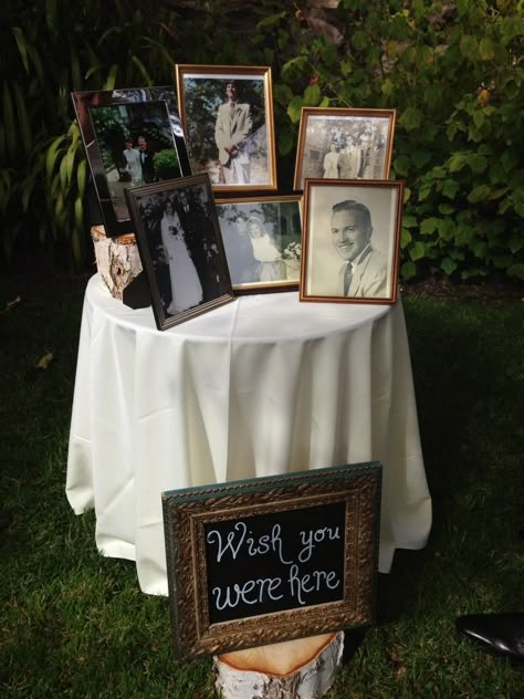 A simple and sweet DIY way to remember deceased loved ones. #wedding #weddingceremony #memorial Romantic Backyard, Wedding Photo Display, Rustic Wedding Decorations, Backyard Weddings, Boda Diy, Boda Mexicana, Peacock Wedding, בר מצווה, Future Wedding Plans