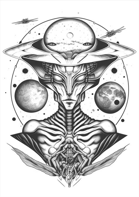 #tattoodesign #tattoo #realistictattoo #tattoodesign #alien #realistic #blackandgrey #realistictattoo Alien Back Tattoo, Female Alien Tattoo, Alien Skull Tattoo, Trippy Space Tattoo, Alien Tattoo Sleeve, Tattoo Ideas Alien, Alien Realistic, Alien Art Drawing, Alien Mandala