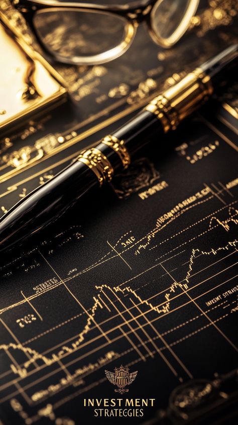 A luxurious financial-themed image featuring "TOP 5 INVESTMENT STRATEGIES" in bold text. Background includes a polished wooden desk, financial graphs, and gold accents, exuding wealth and sophistication. Finances Planner, Finance Aesthetic, Goal Charts, Tracking Expenses, Finance Goals, Budgeting Tools, Cash Budget, Savings Goals, Finance Planner