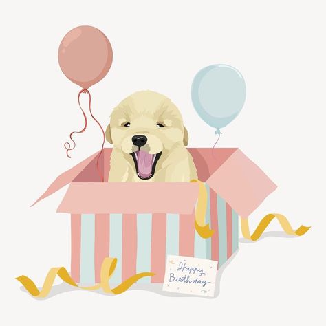 Birthday gift, golden retriever puppy in a box illustration vector | premium image by rawpixel.com / Nattha Happy Birthday Golden Retriever, Cartoon Network Viejo, Golden Retriever Cartoon, Birthday Card Art, Dog Birthday Cards, Golden Retriever Birthday, Present Drawing, Baby Announcement Card, Illustration Birthday