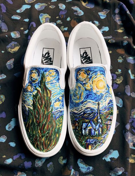 Van Painting Ideas Shoes, Hand Painted Vans Custom, Vans Painted Shoes Ideas, Hand Painted Vans Slip On, Artistic Hand Painted Slip-on Custom Sneakers, Artistic Hand Painted Slip-on Sneakers, Tennis Vans, Vans Painted, Custom Vans Shoes