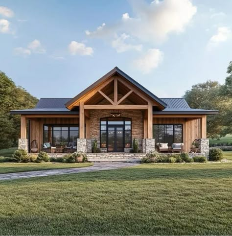 Modern Mountain Home Exterior, Barndominium Designs, Mountain Home Exterior, Ranch Remodel, Barn Style House Plans, Modern Mountain Home, Open Living Area, Gorgeous Houses, Bungalow Style