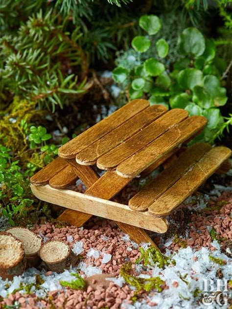 Make your fairy garden space extra special with this adorable picnic table! DIY this table with stained popsicle sticks. This project is super simple and adds tons of rustic character to a magical, tiny garden. #fairygarden #diy #miniatures #garden #fairy Kaktus Dan Sukulen, Tiny Gardens, Fairy Garden Furniture, Fairy Garden Designs, Fairy Garden Crafts, Garden Picnic, Fairy Furniture, Faeries Gardens, Fairy Crafts