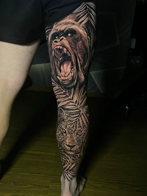 Animal Tattoo Leg Sleeve, Jungle Leg Sleeve, Animal Leg Sleeve Tattoo, Animal Leg Tattoos, Animal Leg Sleeve, Zebra Tattoos, Jungle Tattoo, Fire Fighter Tattoos, Painless Tattoo