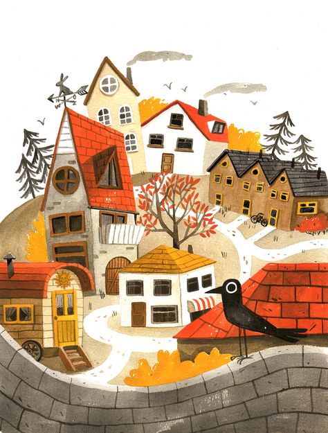 Storybook Village Illustration, Animal Village Illustration, Cute Town Illustration, Town Illustration Buildings, Village Illustration Drawing, Village House Illustration, Gouache Autumn, Fall Illustration Autumn, House Illustration Art