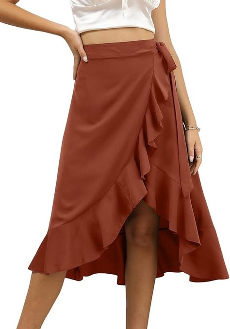 Amazon.com: LYANER Women's Boho Floral Print Wrap Front Self Tie Knot Ruffle Hem Split Midi Skirt Solid Brown Small : Clothing, Shoes & Jewelry Split Midi Skirt, Mid Skirt, Boho Print, Summer Skirts, Tie Knots, Green Skirt, Boho Women, Boho Floral, Wrap Skirt