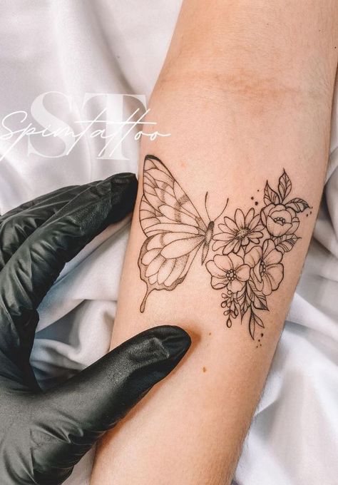 Butterfly Flowers Tattoo, Butterfly With Flowers Tattoo, Butterfly Tattoos On Arm, Simple Forearm Tattoos, Tattoo Artist Tattoo, Half Flower, Tattoo Design Tattoo, Flower Wrist Tattoos, Artist Tattoo