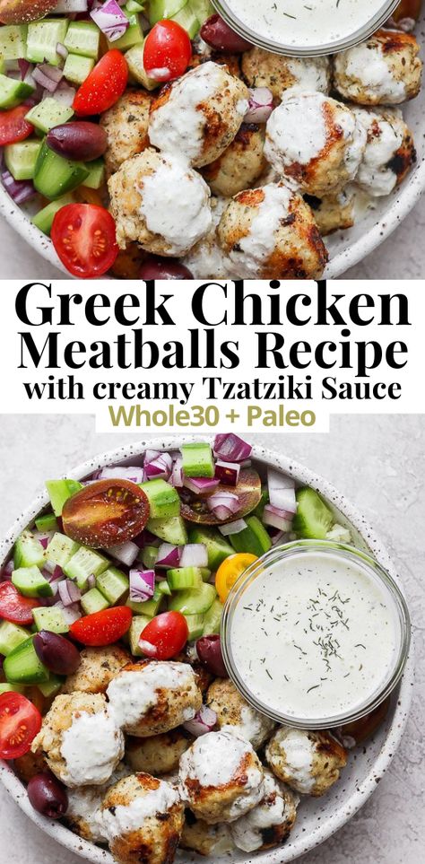 This Greek Chicken Meatballs Recipe is a simple and delicious dinner that is packed with flavor! It's healthy and ready in only 35 minutes, perfect for any weeknight dinner that the whole family will enjoy. The creamy Tzatziki Sauce recipe that is included (which is Paleo/Whole30) just brings this whole dish to the next level! #GreekChickenMeatballs #Whole30Meatballs #Whole30TzatzikiSauce #TheWoodenSkillet Healthy Ground Chicken, Greek Meatballs Recipe, Chicken Greek, Whole 30 Meal Plan, Easy Whole 30 Recipes, Greek Meatballs, Whole30 Dinners, Whole 30 Diet, Dinner Recipes Healthy